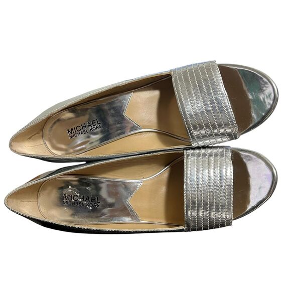 Michael Michael Kors Shoes Womens Size 9.5 Silver Metallic Wedge Heels Open Toe - Picture 5 of 12